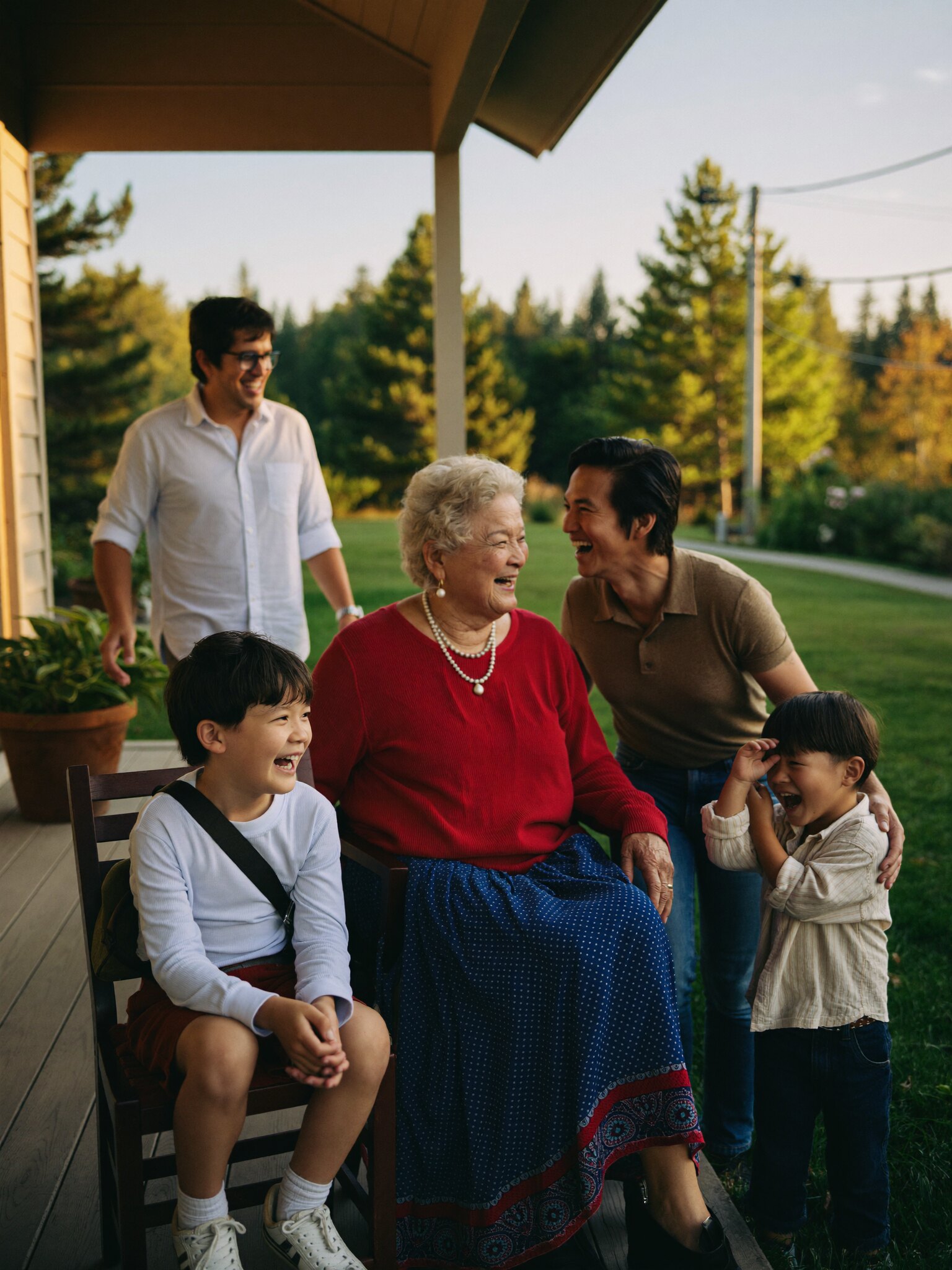 Three generations of a family gathered on their front porch at golden hour.